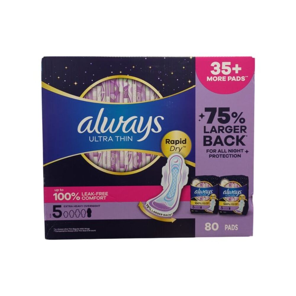 Always Ultra Thin Overnight Pads with Wings, Size 5, 80 ct